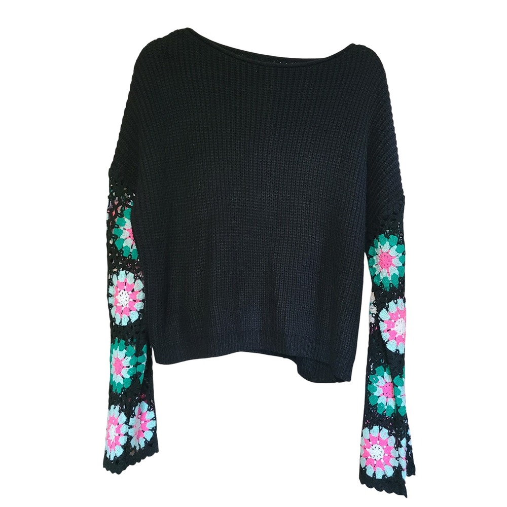 Unbranded Granny Square Crochet Sleeve Sweater Womens S Black Boho Waffle
